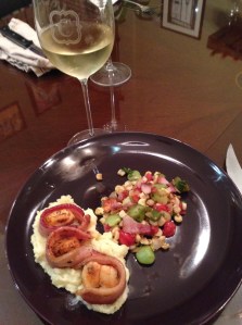 Scallops Wrapped in Bacon, Mashed Potatoes & Succotash